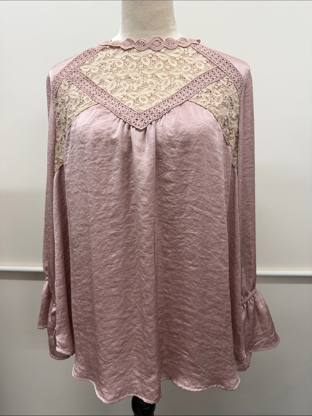 Lace Yoke Long-Sleeve Blouse - Dusty Rose